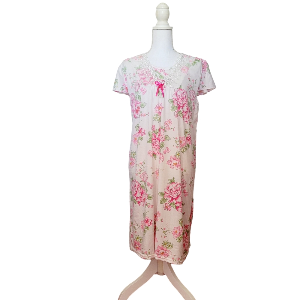 Lati Fashion Intimates White and Pink Floral Lace Trim Nightgown Medium